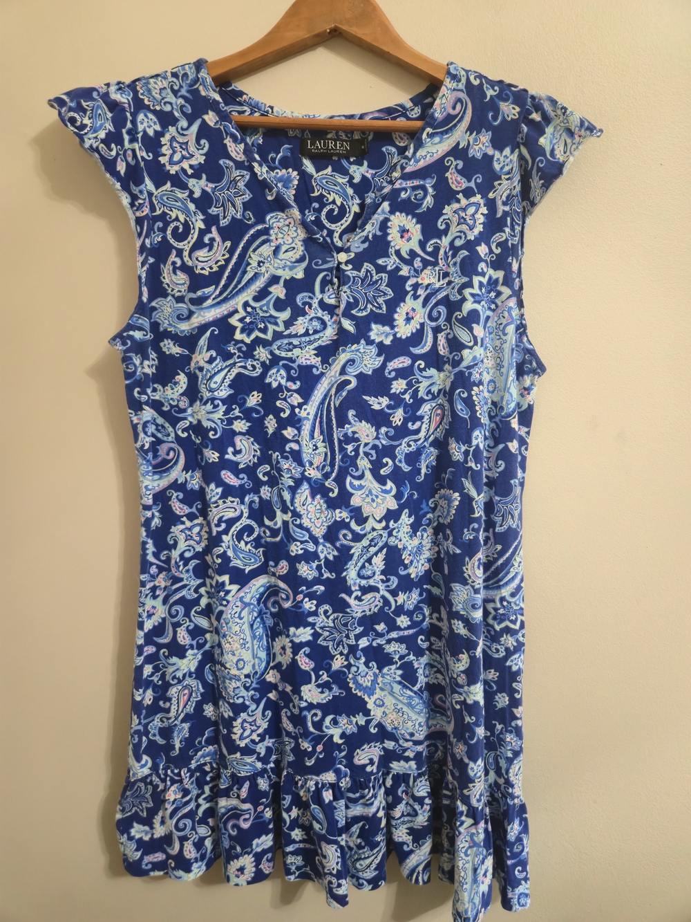 Lauren Ralph Lauren Blue Paisley V-Neck Sleeveless T-Shirt Dress Short M